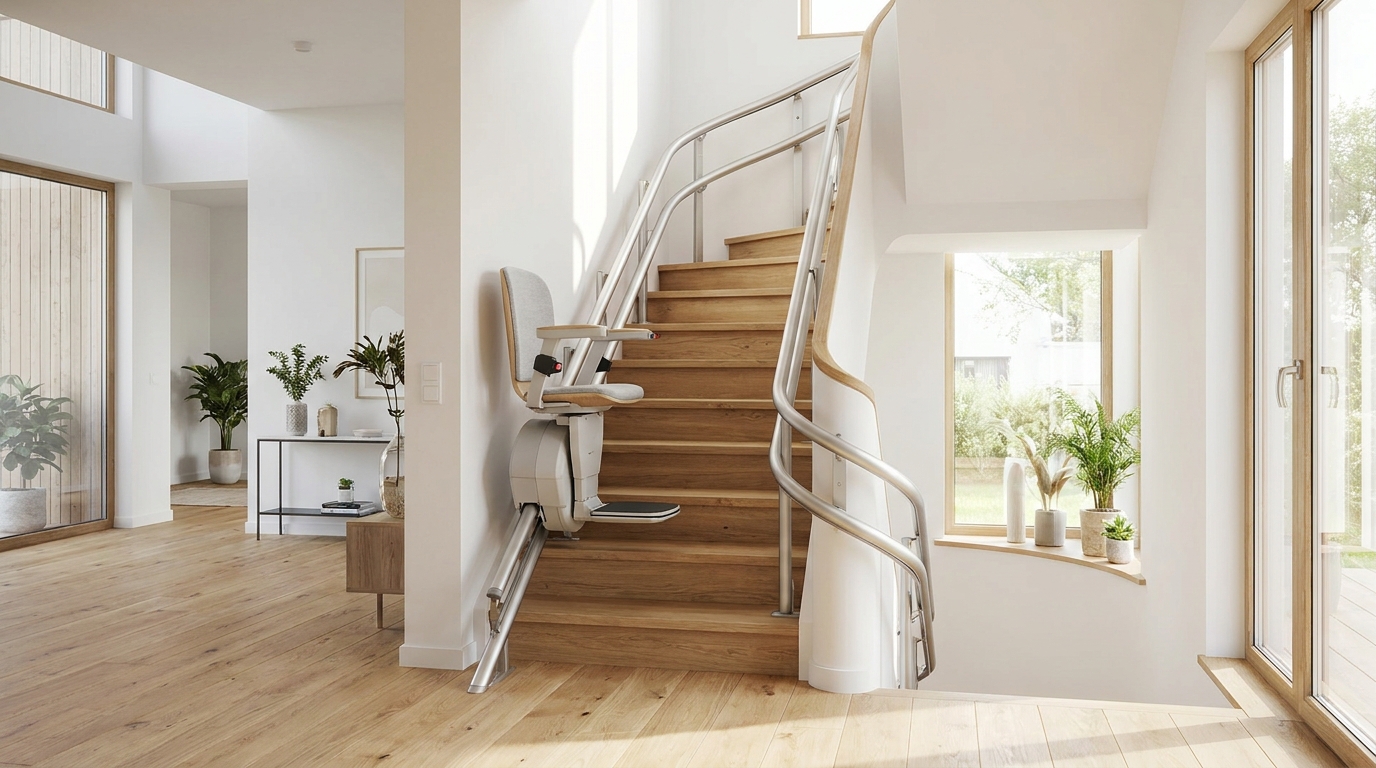 Monte-escalier moderne sur un escalier tournant, maison lumineuse