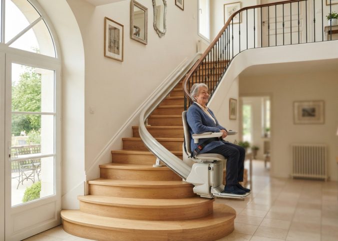 Monte-escalier moderne sur un escalier tournant, maison lumineuse