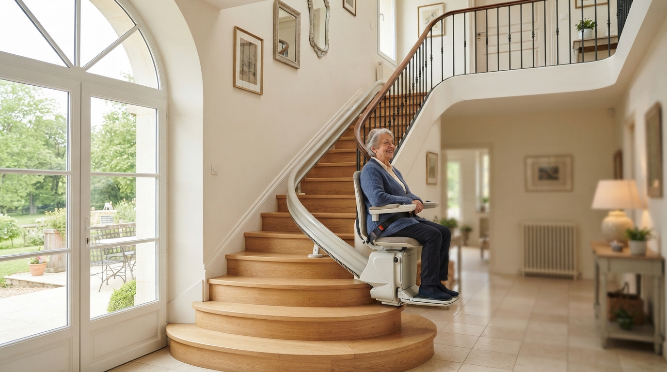 Monte-escalier moderne sur un escalier tournant, maison lumineuse
